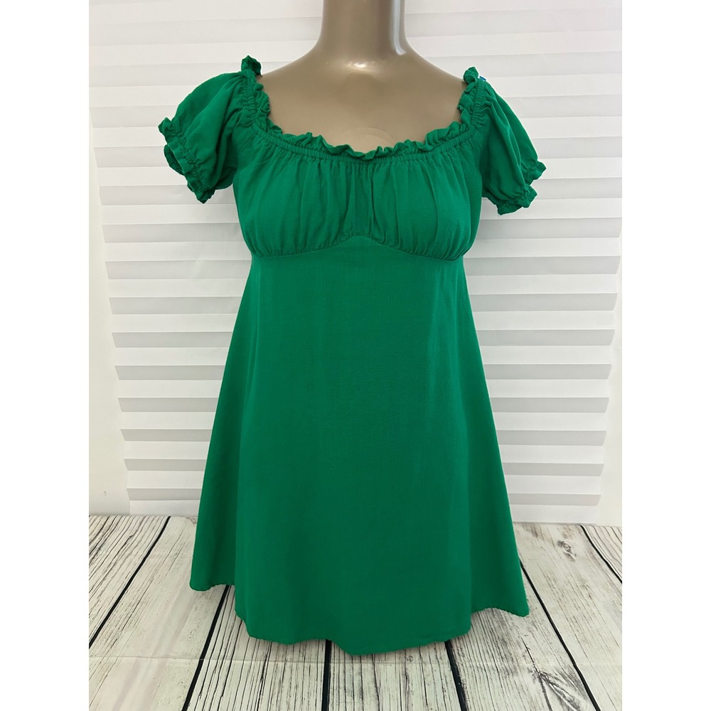 Lulus Green Rayon Linen Blend Puff Sleeve Ruffle Cottage Mini Tunic Dress M Boho